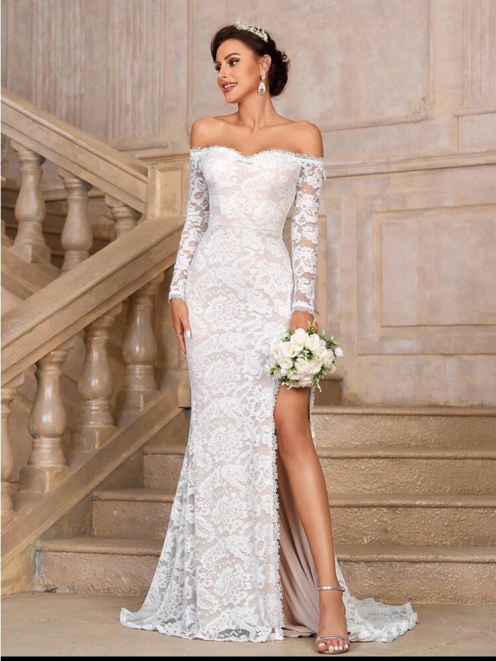 SHEIN-Elegant Off-Shoulder White Lace Evening Gown with Side Slit - Picture 3 of 11